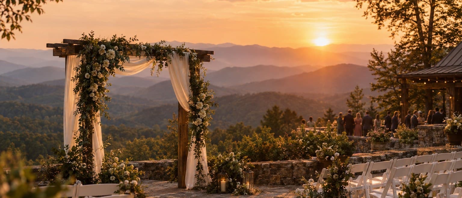 Golden-hour wedding ceremony terrace overlooking the Blue Ridge Mountains