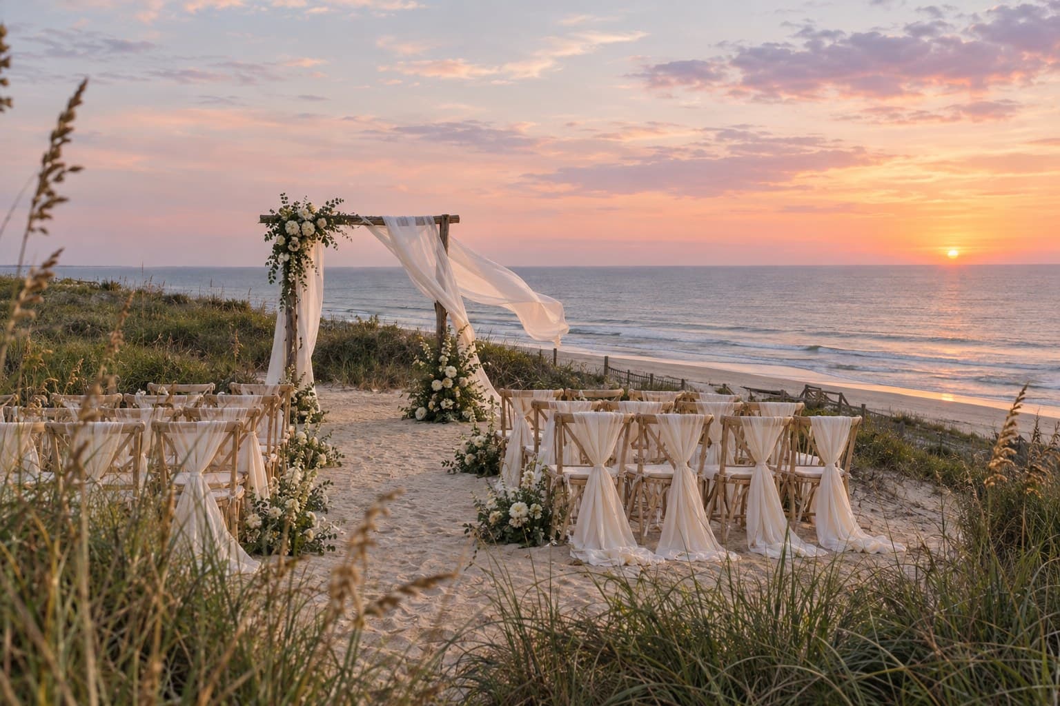 Coastal North Carolina wedding venue with draped seating on a dune